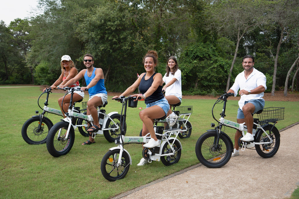 Happy group of riders on Salty Spokes e-bikes